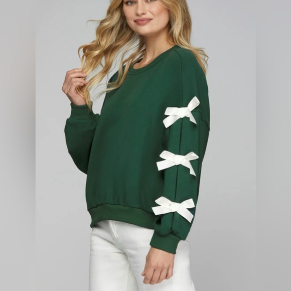 014. Knit French Terry Sweatshirt With Tied Ribbon Sleeves in Green - Picture 3 of 4